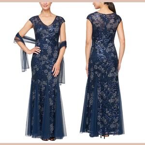 NWT $269 Alex Evenings [ 10P ] Sequin Embroidered Trumpet Gown Navy‎ Blue Q1200